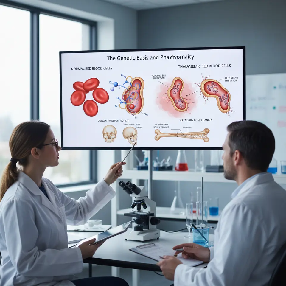 The Genetic Basis and Pathophysiology: a cutaway illustration showing normal versus thalassemic red blood cells, highlighting alpha and beta globin chain mutations, fragile cell membranes, oxygen transport deficits, and secondary bone changes in the skull and long bones.