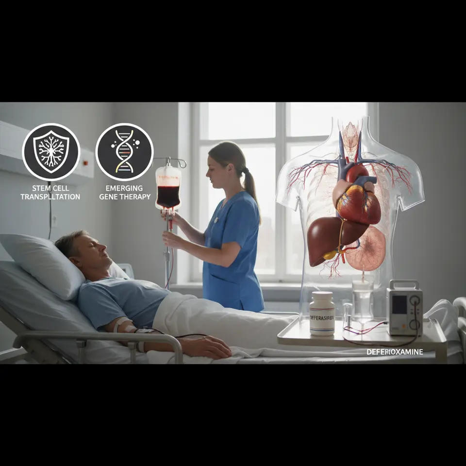 Core Treatment Modalities: a composite scene depicting a patient receiving a blood transfusion, an iron-loaded heart and liver, overview of chelation drugs (deferasirox pill bottle, deferoxamine infusion pump), and inset icons for stem cell transplantation and emerging gene therapy.