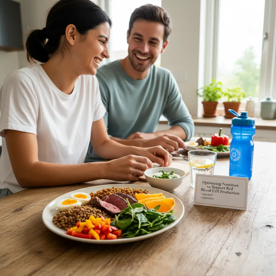 Optimizing Nutrition to Support Red Blood Cell Production: A vibrant, nutrient-dense plate featuring iron-rich foods (lean red meat, lentils, spinach), vitamin C sources (orange slices, bell pepper), B12/folate items (eggs, dairy, leafy greens), and a glass of water or electrolyte drink—visually emphasizing how these elements work together to boost red blood cell synthesis and hydration.