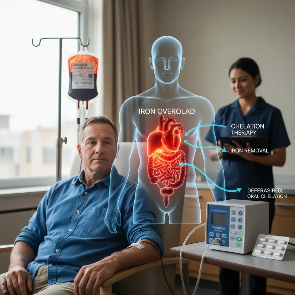 Managing Iron Overload and Transfusion Protocols: A medical illustration showing a patient hooked up to a blood transfusion bag, iron accumulating in the heart and liver highlighted in red tones, and chelation therapy tools (an infusion pump for deferoxamine and a row of oral chelation pills) with arrows depicting the removal of excess iron.