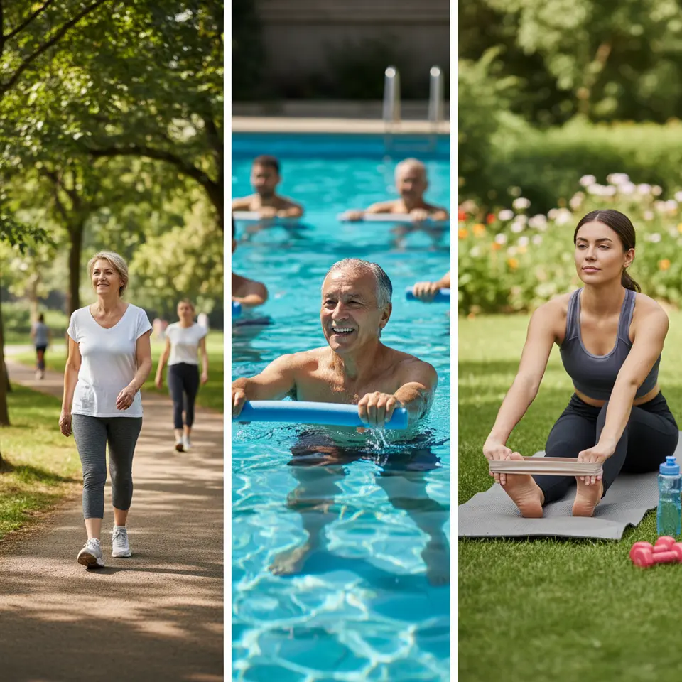 A calm, uplifting scene showing a person engaging in personalized, low-impact exercises—walking in a park, gentle water aerobics in a pool, and a yoga/stretching mat with resistance bands—to represent sustainable energy through tailored physical activity